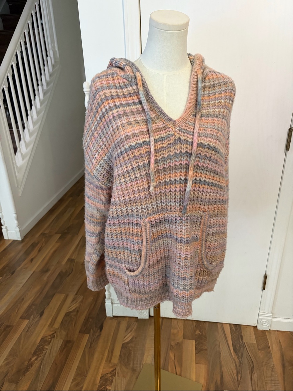 aerie Pastel Chunky Knit Striped V-Neck Hooded Sweater, Oversized Small, EUC